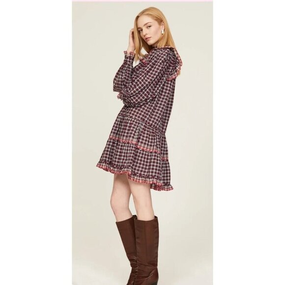 Ulla Johnson Elm Plaid Ruffle Mini Dress Size 8 Burgundy Check Long Sleeve - Picture 4 of 13